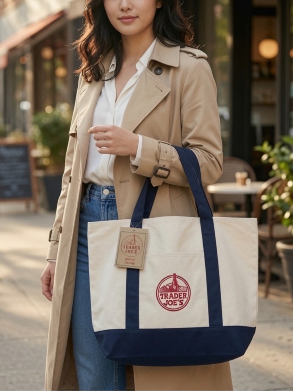 Trader Joe's Large Canvas Tote Bag Navy and Beige Brand New